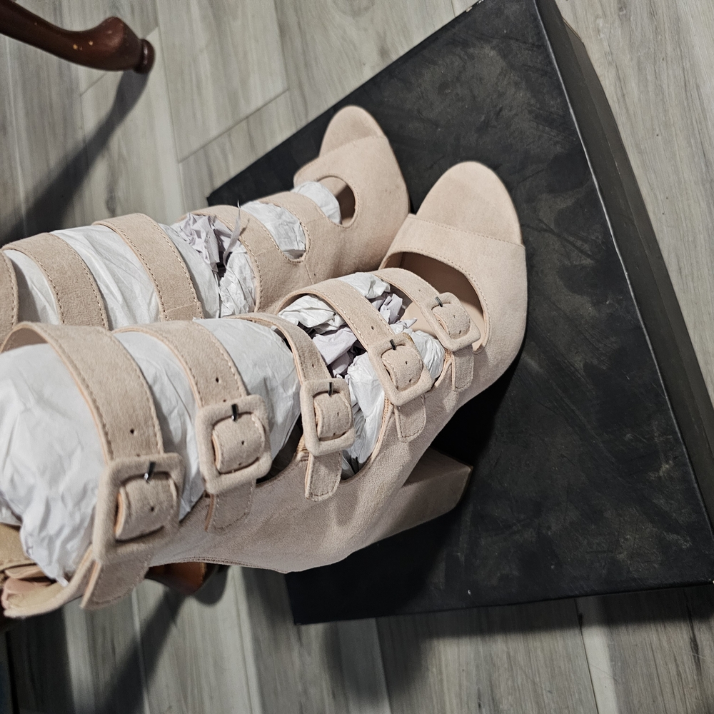 Women's Beige Buckle Strap Heeled Boots